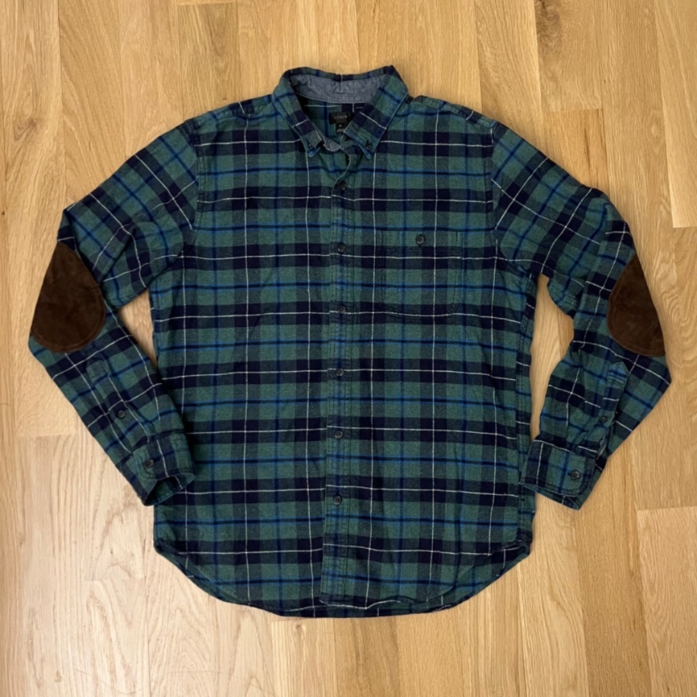 J. Crew Green and Navy Plaid Button-Down Shirt with Brown Elbow Patches